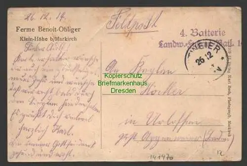 141470 AK Ferme Benoit Obliger Klein Höhe bei Markirch 1914 Feldpost