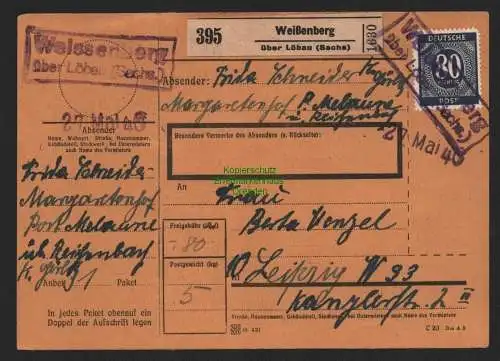 B11229 Paketkarte Alliierte SBZ Weißenberg über Löbau Notstempel nach Leipzig