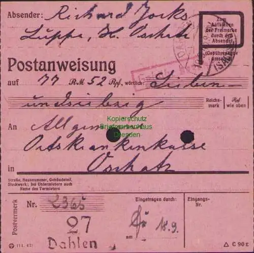 B16326  Gebühr bezahlt 1945 Postanweisung 27 Dahlen 18.9.45 nach Oschatz