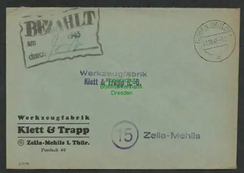 B6866 Brief Gebühr bezahlt Düben Mulde 1945 Werkzeugfabrik Klett & Zella-Mehlis