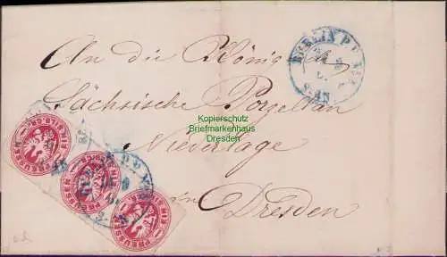 B14897 Preussen Faltbrief 1867 3x 16 Dreierstreifen Berlin Königl. S. Porzellan