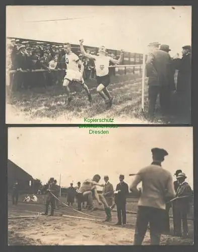 145939 2 AK Fotokarte Magdeburg Sportfest Weitsprung Lauf um 1920