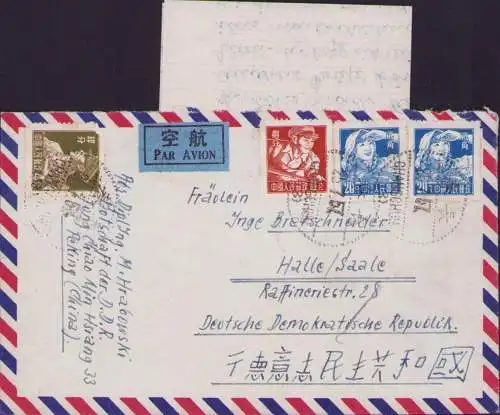 B-16554 VR China Luftpost Brief mit Inhalt Peking 24.7. 1957 nach Halle Saale