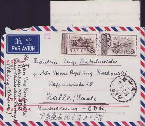 B-16555 VR China Luftpost Brief mit Inhalt Peking 1.3. 1957 nach Halle Saale