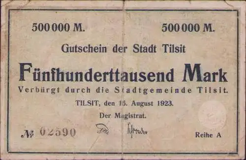 B-16570 Gutschein der Stadt Tilsit 500000 M 15. August 1923 Notgeld