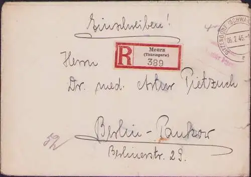 B-16640 Brief SBZ Gebühr Bezahlt Sitzendorf mit R-Zettel von Meura 1946 n Berlin