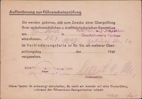 B-16638 SBZ Berlin Pankow Gebühr bezahlt 1949 Postkarte Kraftfahrzeug Inspektion