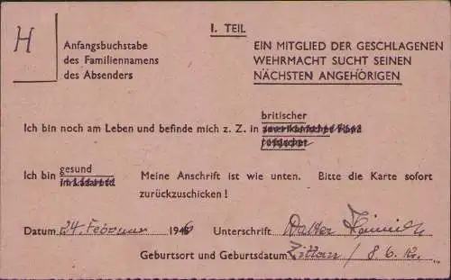 B-16625 Alliierte Besetzung 1946 Suchdienst Mitglied der geschlagenen Wehrmacht