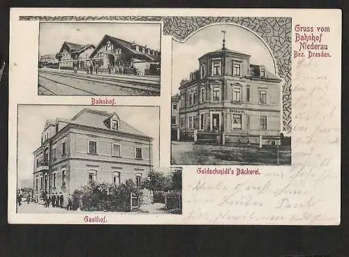 21514 AK Bahnhof Niederau Bez. Dresden Gasthof Bäckerei , gelaufen 1906