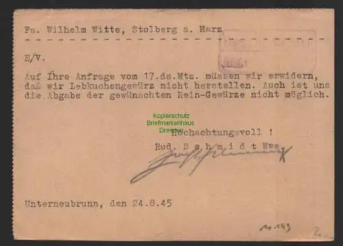 B10149 Postkarte SBZ Gebühr bezahlt Unterneubrunn Kr. Hildburghausen 1945