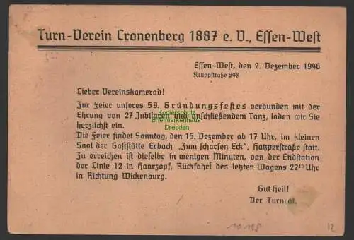 B10242 Drucksache Essen West 1946 Turn Verein Cronenberg 1887