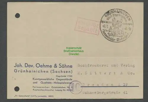 B-5634 SBZ Gebühr Bezahlt Postkarte Grünhainichen 1945 SST st. Erzgebirgsschau