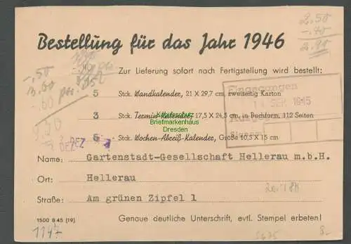 B-5675 SBZ Gebühr Bezahlt Postkarte Hellerau Bz. Dresden 1945