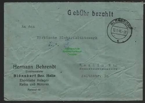 B10035 Brief SBZ Gebühr bezahlt Blönsdorf Bz. Halle 1946 nach Berlin