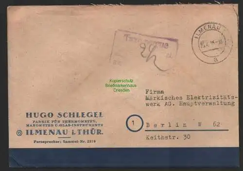 B10047 Brief SBZ Gebühr bezahlt Taxe Percue Ilmenau 1946 nach Berlin