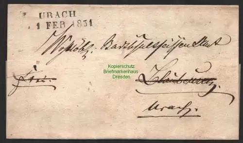 B10091 Vorphila Faltbrief Urach schwarz 1831 Zweizeiler ohne Inhalt