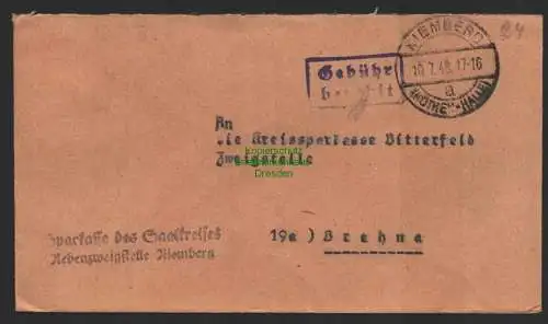 B10125 Brief SBZ Gebühr bezahlt Niemberg Köthen - Halle 1948 Währungsreform