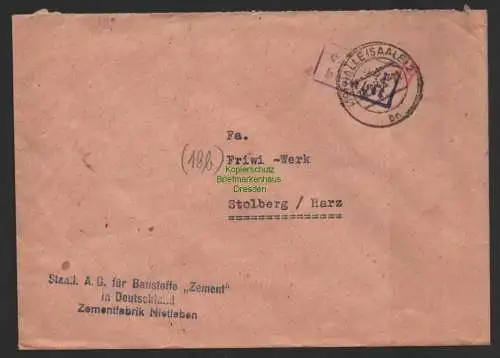 B10136 Brief SBZ Gebühr bezahlt Halle Saale 2 Zementfabrik Nietleben 30.6.48