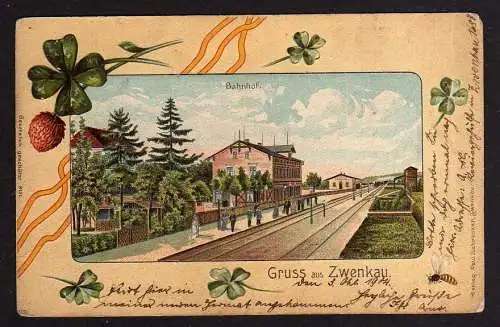 95614 AK Zwenkau Litho Bahnhof 1904 Kleeblatt geprägt Biene