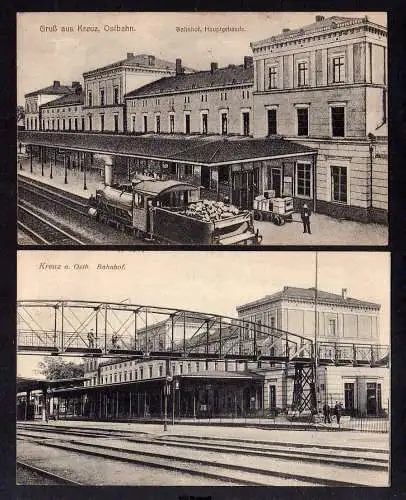 96528 2 AK Kreuz an der Ostbahn Bahnhof Gleisseite 1914 Brücke für Fußgänger