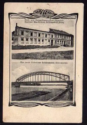 79028 AK Grünewalde Schönebeck 1918 Neue Elbbrücke Gasthaus Zum Jägerhof Konzert