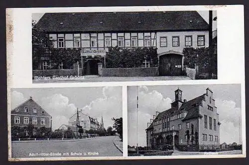 69848 AK Gröditz Richters Gasthof Schule Kirche Rathaus