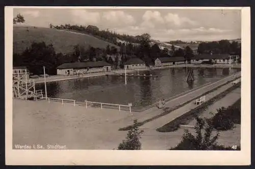 63528 AK Werdau Sa. Stadtbad Freibad um 1930 Sprungturm Rutsche