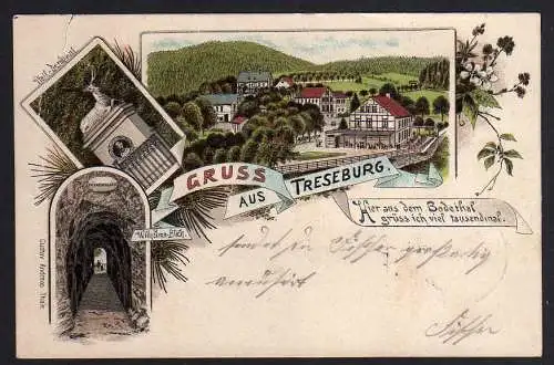 63543 AK Treseburg 1901 Litho Gasthaus Pfeil Denkmal Wilhelmsblick