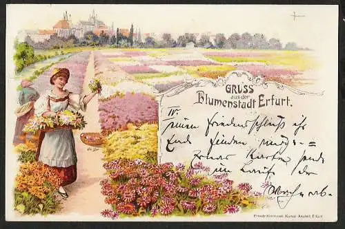 25224 AK Litho Erfurt Blumenstadt 1898, gelaufen 1898