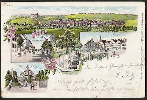 24571 AK Litho Vahingen Enz Bahnhofstrasse Markt 1899, gelaufen 1900 Sersheim