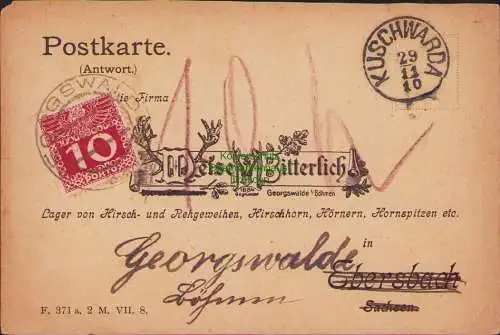 158878 AK Kuschwarda Böhmerwald 1910 Antwortkarte Weise & Bitterlich Georgswalde