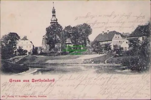 158423 AK Berthelsdorf 1903 Teilansicht mit Kirche Dorfteich