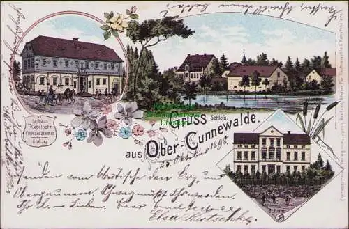 155763 AK Litho Ober Cunnewalde Gasthaus Kegelbahn Schloß Schule 1898