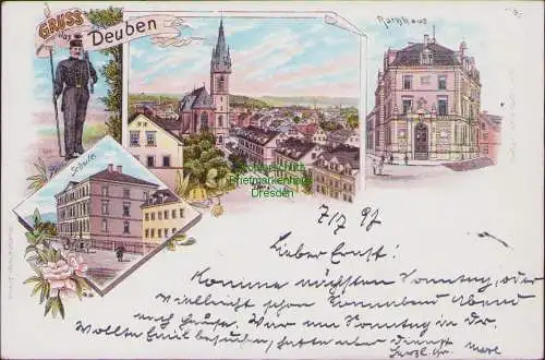 155837 AK Litho Gruss aus Deuben Schule Kirche Rathaus 1897