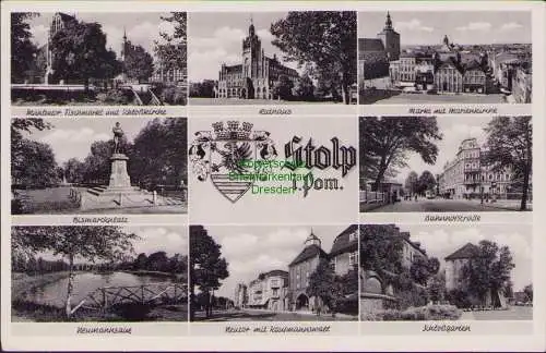 152475 AK Stolp in Pommern Bismarkplatz Rathaus Markt Bahnhofstraße Neutor mit