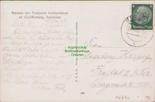 152411 AK Talsperre Goldentraum bei Greiffenberg Schlesien 1937 Landpoststempel