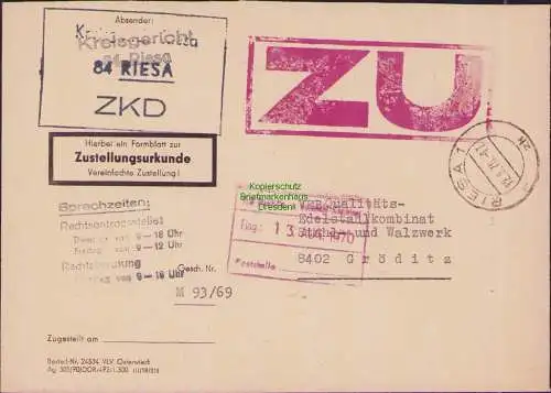 B-17687 Brief DDR Dienst ZKD ZU Stempel Riesa 1970 Zustellungsurkunde n. Gröditz