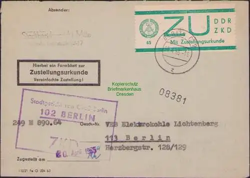 B-17683 Brief DDR Dienst ZKD ZU 1 kleinformatiger Brief innerhalb Berlins 1965