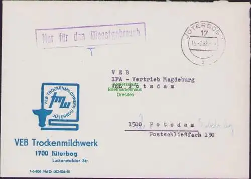 B-17678 Brief DDR Nur für den Dienstgebrauch VEB Trockenmilch Jüterbog 1982