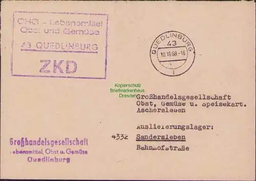 B-17677 Brief DDR ZKD Kastenstempel mit PLZ 43 Quedlinburg 1968 GHG Lebensmittel