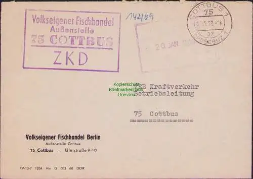 B-17676 Brief DDR ZKD Kastenstempel mit PLZ 75 Cottbus Volkseigener Fischhandel