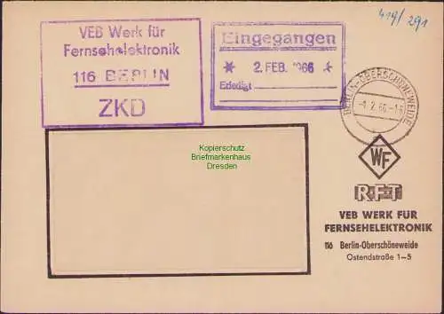 B-17675 Brief DDR ZKD Kastenstempel mit PLZ 116 VEB Werk für Fernsehelektronik