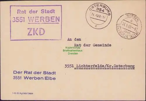 B-17674 Brief DDR ZKD Kastenstempel mit PLZ 3551 Rat der Stadt Werben Elbe