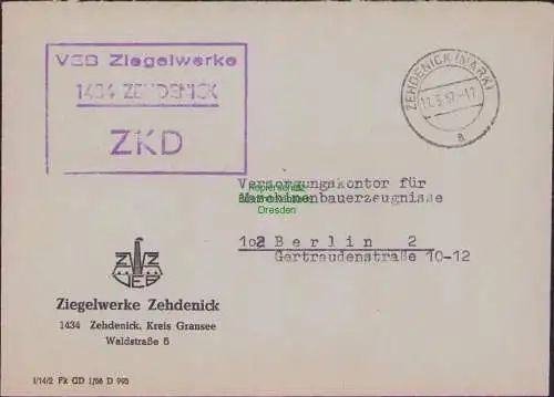 B-17673 Brief DDR ZKD Kastenstempel mit PLZ 1434 VEB Ziegelwerke Zehdenik