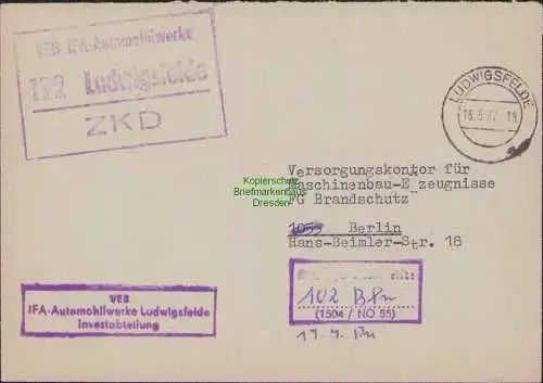 B-17672 Brief DDR ZKD Kastenstempel mit PLZ 172 Ludwigsfelde VEB IFA Automobil