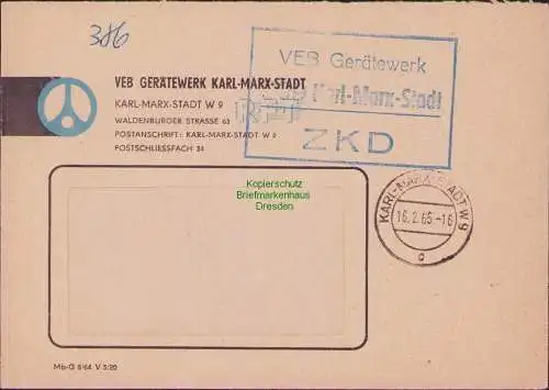 B-17671 Brief DDR ZKD Kastenstempel VEB Gerätewerk Karl Marx Stadt 1965