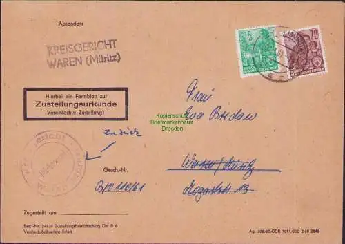 B-17667 DDR Brief Zustellungsurkunde 1961 Waren Müritz erfolglose Versuche und