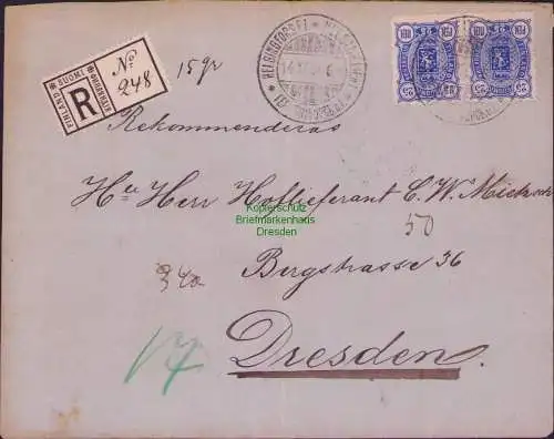 B-17664 R-Brief Einschreiben Helsingfors Helsinki Finnland 1894 nach Dresden