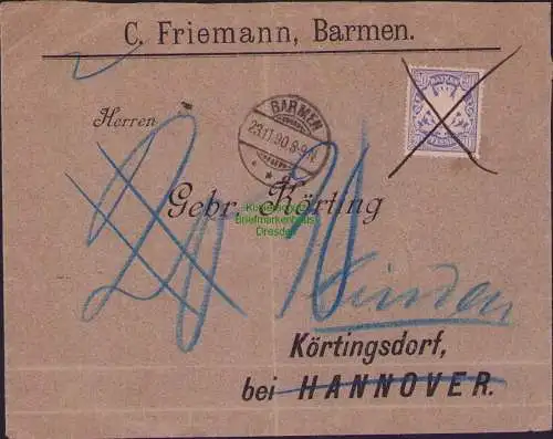 B-17642 Brief DR Deutsches Reich Barmen 1890 Nachgebühr Marke Bayern im Reich