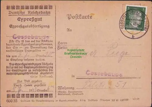 B-17641 Postkarte Deutsches Reich 784 Expressgut Ortskarte Abholkarte Cossebaude